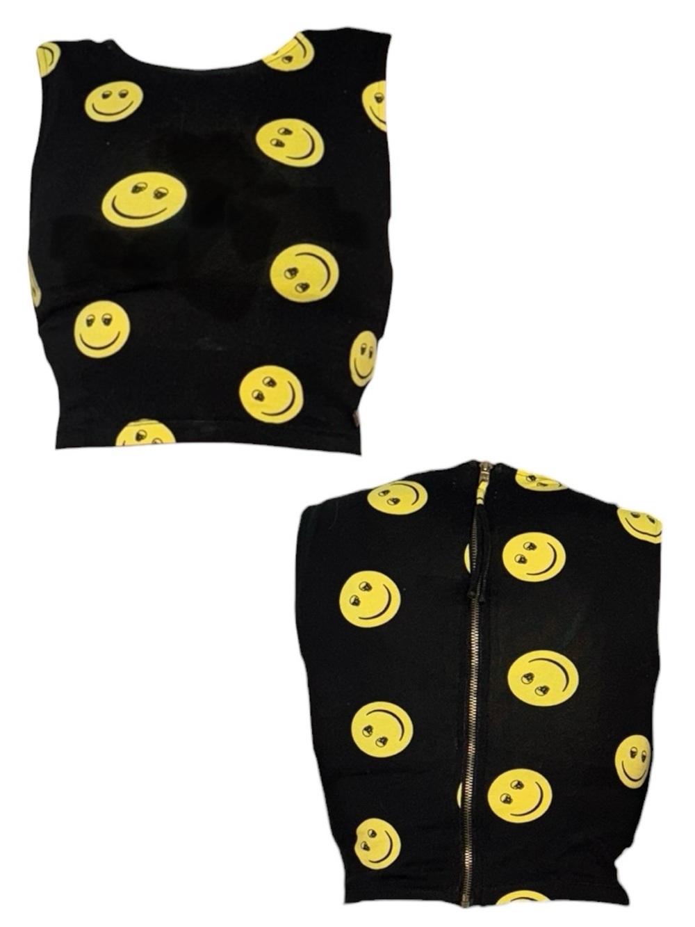 Kendall & Kylie Black Crop Top with Yellow Smile Face Print